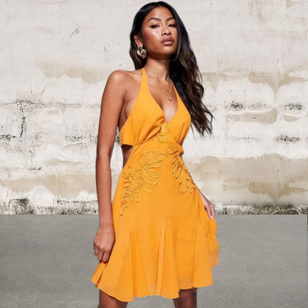ASOS Women's Orange Embroidered Halter Mini Dress With Godets Size 4